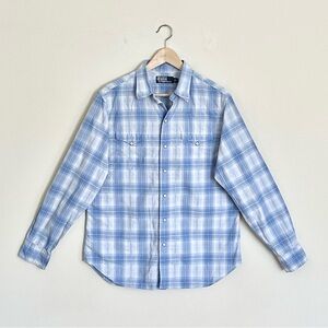 Vintage 90s Polo Ralph Lauren Plaid Blue Western Cowboy Pearl Snap Shirt Men’s L